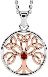 Garnet White Rose Gold Celtic Tree of Life Trinity Knot Necklace