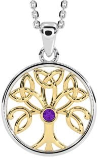 Amethyst White Yellow Gold Celtic Tree of Life Trinity Knot Necklace