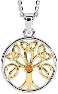 Citrine White Yellow Gold Celtic Tree of Life Trinity Knot Necklace