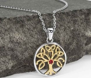 Ruby White Yellow Gold Celtic Tree of Life Trinity Knot Necklace