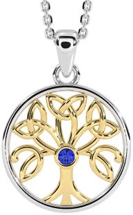 Sapphire White Yellow Gold Celtic Tree of Life Trinity Knot Necklace