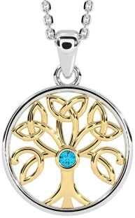 Topaz White Yellow Gold Celtic Tree of Life Trinity Knot Necklace