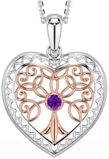 Amethyst Rose Gold Silver Celtic Tree of Life Heart Necklace