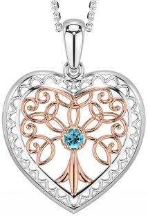 Aquamarine Rose Gold Silver Celtic Tree of Life Heart Necklace