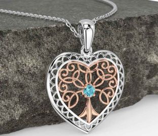 Aquamarine Rose Gold Silver Celtic Tree of Life Heart Necklace