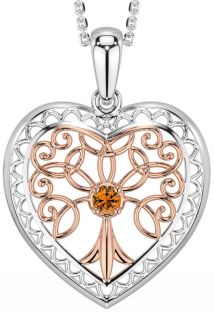 Citrine Rose Gold Silver Celtic Tree of Life Heart Necklace