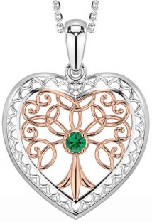 Emerald Rose Gold Silver Celtic Tree of Life Heart Necklace