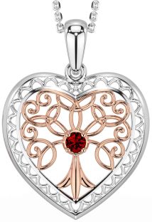 Garnet Rose Gold Silver Celtic Tree of Life Heart Necklace