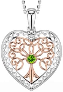 Peridot Rose Gold Silver Celtic Tree of Life Heart Necklace