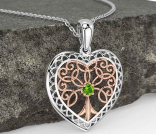 Peridot Rose Gold Silver Celtic Tree of Life Heart Necklace