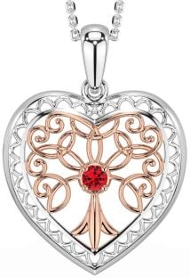 Ruby Rose Gold Silver Celtic Tree of Life Heart Necklace