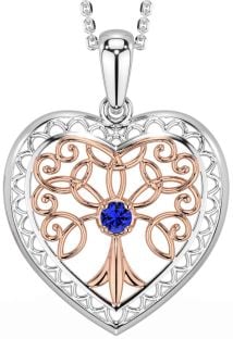 Sapphire Rose Gold Silver Celtic Tree of Life Heart Necklace