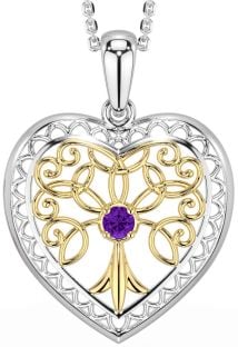 Amethyst Gold Silver Celtic Tree of Life Heart Necklace
