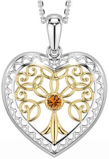 Citrine Gold Silver Celtic Tree of Life Heart Necklace