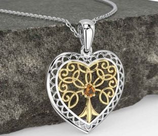 Citrine Gold Silver Celtic Tree of Life Heart Necklace