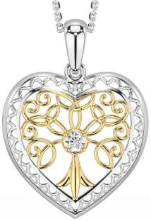 Diamond Gold Silver Celtic Tree of Life Heart Necklace