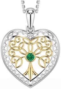 Emerald Gold Silver Celtic Tree of Life Heart Necklace