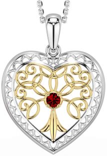 Garnet Gold Silver Celtic Tree of Life Heart Necklace
