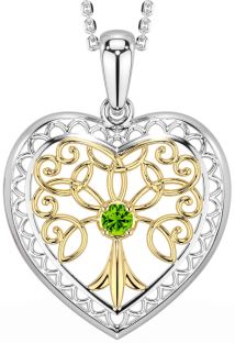 Peridot Gold Silver Celtic Tree of Life Heart Necklace