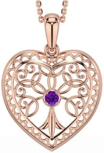 Amethyst Rose Gold Silver Celtic Tree of Life Heart Necklace