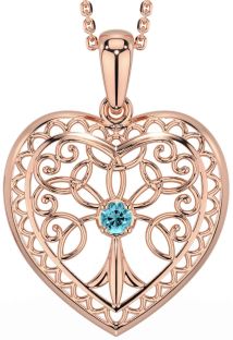 Aquamarine Rose Gold Silver Celtic Tree of Life Heart Necklace