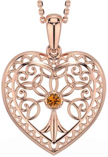 Citrine Rose Gold Silver Celtic Tree of Life Heart Necklace