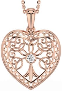 Diamond Rose Gold Silver Celtic Tree of Life Heart Necklace