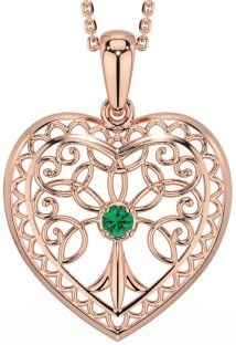 Emerald Rose Gold Silver Celtic Tree of Life Heart Necklace