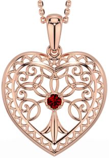 Garnet Rose Gold Silver Celtic Tree of Life Heart Necklace