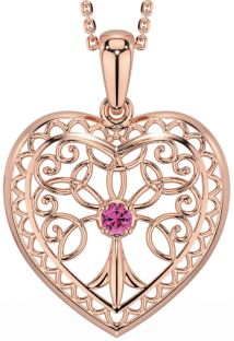 Pink Tourmaline Rose Gold Silver Celtic Tree of Life Heart Necklace