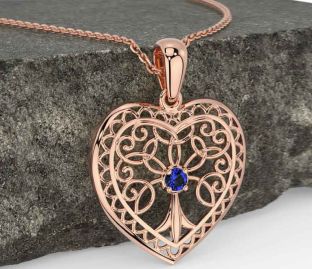 Sapphire Rose Gold Silver Celtic Tree of Life Heart Necklace