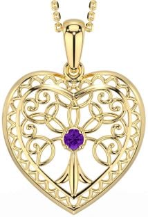 Amethyst Gold Silver Celtic Tree of Life Heart Necklace