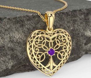 Amethyst Gold Silver Celtic Tree of Life Heart Necklace