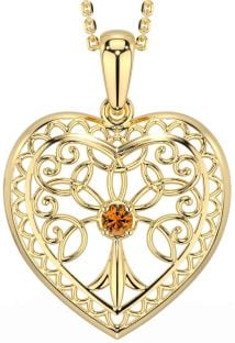 Citrine Gold Silver Celtic Tree of Life Heart Necklace