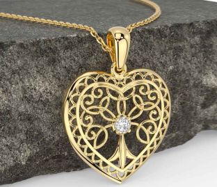 Diamond Gold Silver Celtic Tree of Life Heart Necklace