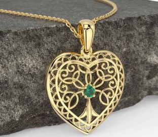 Emerald Gold Silver Celtic Tree of Life Heart Necklace