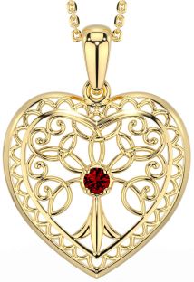 Garnet Gold Silver Celtic Tree of Life Heart Necklace
