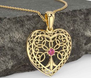 Pink Tourmaline Gold Silver Celtic Tree of Life Heart Necklace