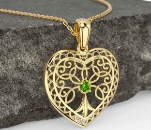 Peridot Gold Silver Celtic Tree of Life Heart Necklace