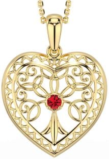 Ruby Gold Silver Celtic Tree of Life Heart Necklace