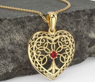 Ruby Gold Silver Celtic Tree of Life Heart Necklace