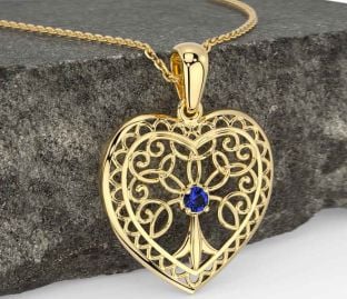 Sapphire Gold Silver Celtic Tree of Life Heart Necklace