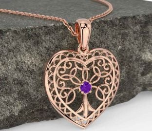 Amethyst Rose Gold Celtic Tree of Life Heart Necklace
