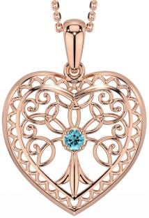 Aquamarine Rose Gold Celtic Tree of Life Heart Necklace