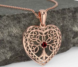 Garnet Rose Gold Celtic Tree of Life Heart Necklace