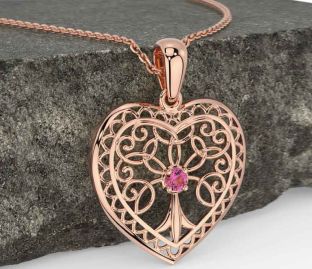 Pink Tourmaline Rose Gold Celtic Tree of Life Heart Necklace