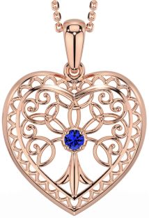 Sapphire Rose Gold Celtic Tree of Life Heart Necklace