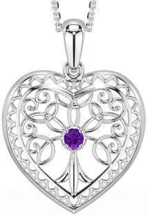 Amethyst Silver Celtic Tree of Life Heart Necklace