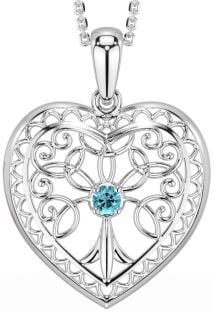 Aquamarine Silver Celtic Tree of Life Heart Necklace