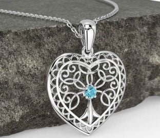 Aquamarine Silver Celtic Tree of Life Heart Necklace